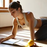 **

A serene Italian woman practicing gentle yoga stretches in a sunlit room, a glass of lemon water beside her, and a notebook for gratitude journaling on a nearby table. The overall feeling should be calm and inspiring.

**