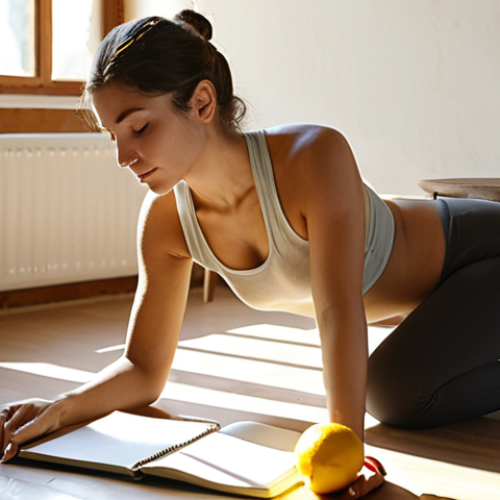 Home 18 **
A serene Italian woman practicing gentle yoga stretches in a sunlit room, a glass of lemon water beside her, and a notebook for gratitude journaling on a nearby table. The overall feeling should be calm and inspiring.
**