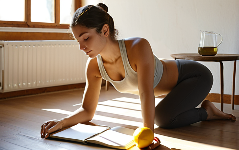 **
A serene Italian woman practicing gentle yoga stretches in a sunlit room, a glass of lemon water beside her, and a notebook for gratitude journaling on a nearby table. The overall feeling should be calm and inspiring.
**