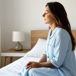 A serene Italian woman, in her late 30s, fully clothed in modest, comfortable sleepwear, gently waking up in a minimalist, sunlit bedroom. She is taking a deep, conscious breath, her eyes softly open, with a glass of water on a clean bedside table. The scene emphasizes tranquility and a gentle start to a new day, bathed in soft, warm natural light. perfect anatomy, correct proportions, natural pose, well-formed hands, proper finger count, natural body proportions, safe for work, appropriate content, fully clothed, family-friendly.