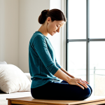 Home 8 A professional woman, fully clothed in modest, comfortable lounge wear, gently stretching in a brightly lit, minimalist living room during early morning. Natural light streams through large windows. The room is tidy with an essential oil diffuser subtly visible on a side table. Her posture is natural and relaxed. This image promotes a sense of peace and mindful awakening, safe for work, appropriate content, fully clothed, perfect anatomy, correct proportions, natural pose, well-formed hands, proper finger count, natural body proportions, professional photography, high quality, professional, family-friendly.