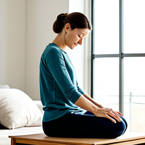 Home 20 A professional woman, fully clothed in modest, comfortable lounge wear, gently stretching in a brightly lit, minimalist living room during early morning. Natural light streams through large windows. The room is tidy with an essential oil diffuser subtly visible on a side table. Her posture is natural and relaxed. This image promotes a sense of peace and mindful awakening, safe for work, appropriate content, fully clothed, perfect anatomy, correct proportions, natural pose, well-formed hands, proper finger count, natural body proportions, professional photography, high quality, professional, family-friendly.