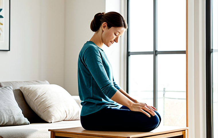 A professional woman, fully clothed in modest, comfortable lounge wear, gently stretching in a brightly lit, minimalist living room during early morning. Natural light streams through large windows. The room is tidy with an essential oil diffuser subtly visible on a side table. Her posture is natural and relaxed. This image promotes a sense of peace and mindful awakening, safe for work, appropriate content, fully clothed, perfect anatomy, correct proportions, natural pose, well-formed hands, proper finger count, natural body proportions, professional photography, high quality, professional, family-friendly.