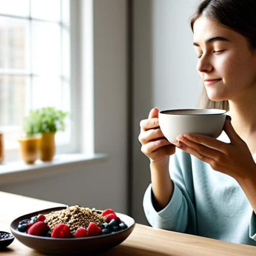 Home 19 A serene young woman in modest, comfortable loungewear, sitting calmly at a minimalist wooden table in a sunlit modern kitchen. She is gently holding a beautifully arranged bowl of overnight oats topped with fresh berries, chia seeds, and a sprinkle of granola. A steaming cup of herbal tea sits beside the bowl. The scene conveys peacefulness and mindful nutrition, emphasizing a healthy start to the day. Professional photography, soft natural light, shallow depth of field, well-formed hands, proper finger count. Fully clothed, appropriate attire, safe for work, appropriate content, perfect anatomy, correct proportions, natural pose, modest, high quality, family-friendly.