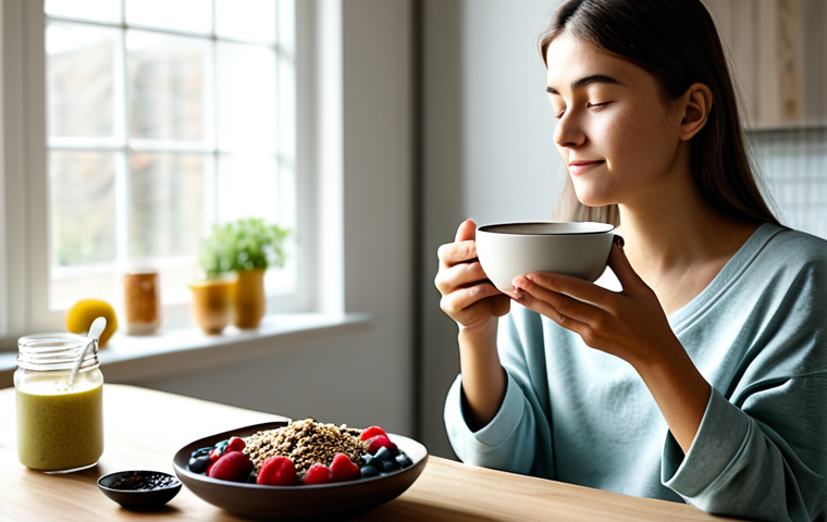 A serene young woman in modest, comfortable loungewear, sitting calmly at a minimalist wooden table in a sunlit modern kitchen. She is gently holding a beautifully arranged bowl of overnight oats topped with fresh berries, chia seeds, and a sprinkle of granola. A steaming cup of herbal tea sits beside the bowl. The scene conveys peacefulness and mindful nutrition, emphasizing a healthy start to the day. Professional photography, soft natural light, shallow depth of field, well-formed hands, proper finger count. Fully clothed, appropriate attire, safe for work, appropriate content, perfect anatomy, correct proportions, natural pose, modest, high quality, family-friendly.