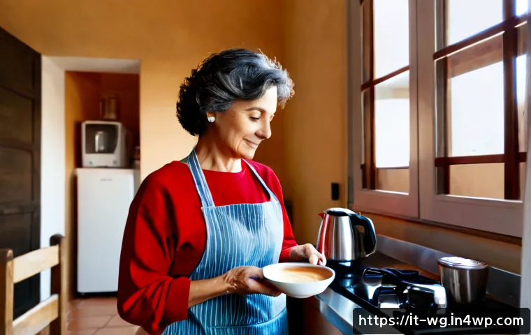 아침 루틴이 가져오는 삶의 변화 - Photorealistic morning routine in a bright Italian apartment kitchen, a relaxed middle-aged woman in...