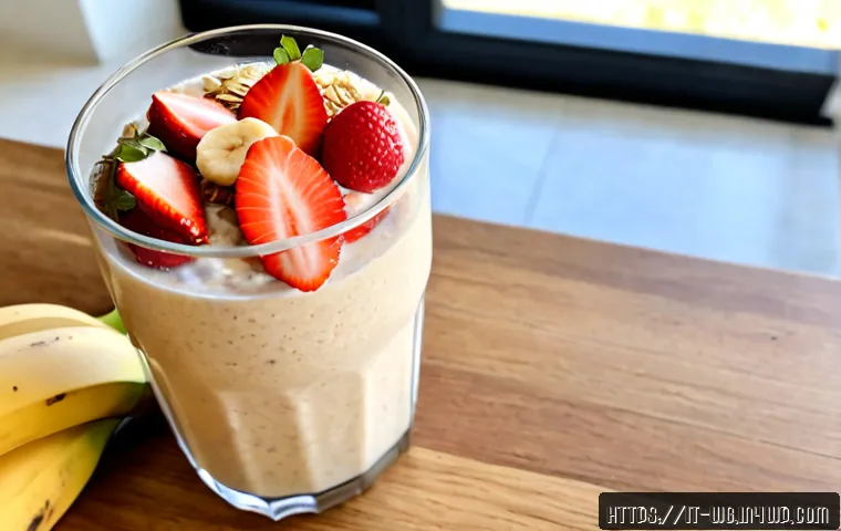 아침 루틴을 위한 건강한 스무디 레시피 - Photorealistic healthy breakfast smoothie scene in a bright Italian kitchen, tall clear glass of cre...